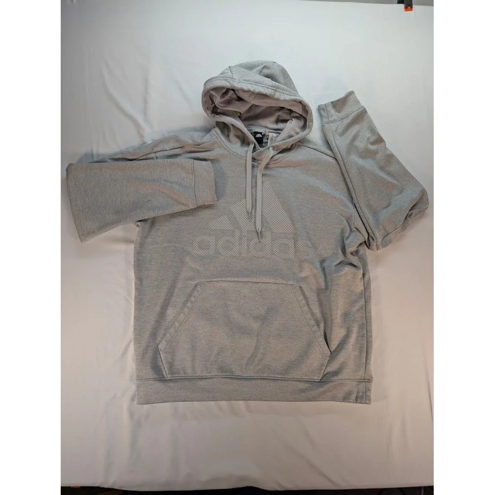 Adidas Mens Heather Grey Performance Logo Graphic Pullover Hoodie Sweatshirt